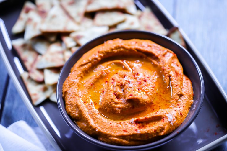 Best Hummus Ever!! Chipotle and Red Pepper Hummus with Homemade Pita Chips